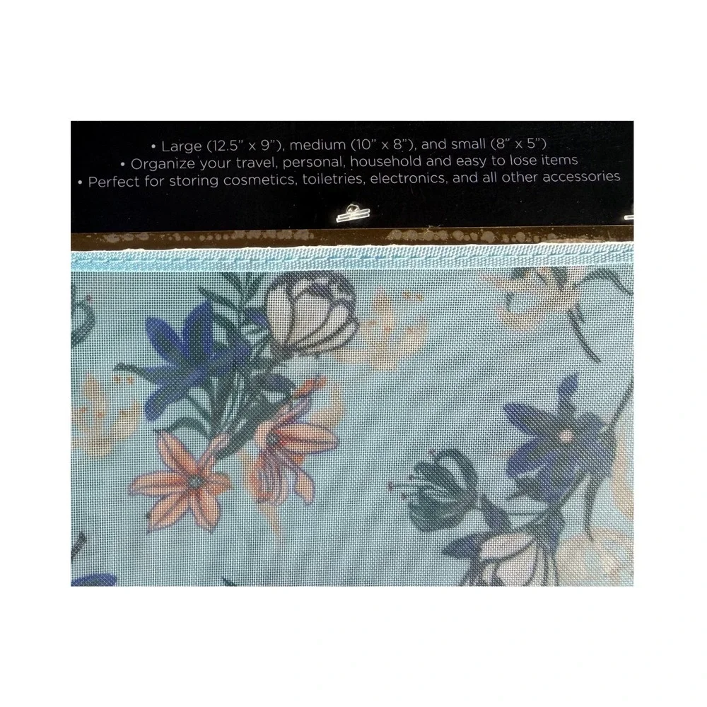 NEW Bebe 3 Piece Mesh Travel Pouch Set Blue Floral Cosmetic Makeup Bags